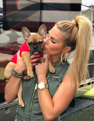 french bulldog puppy in a red shirt with model