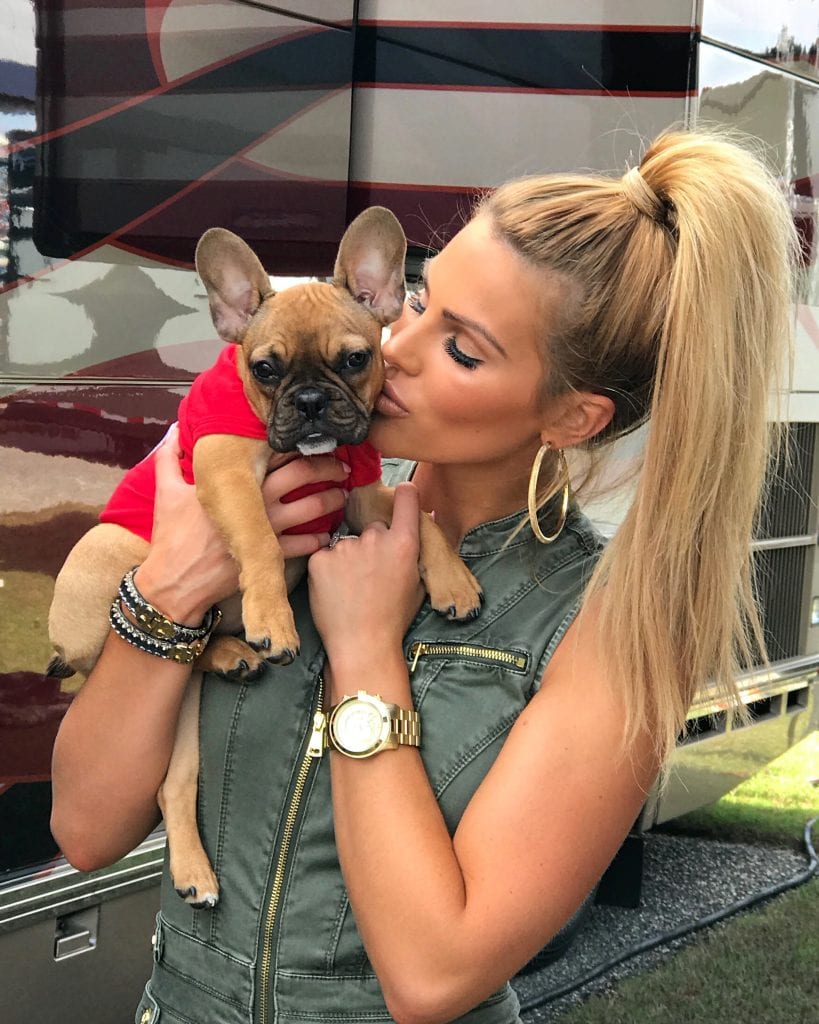 french bulldog puppy in a red shirt with model